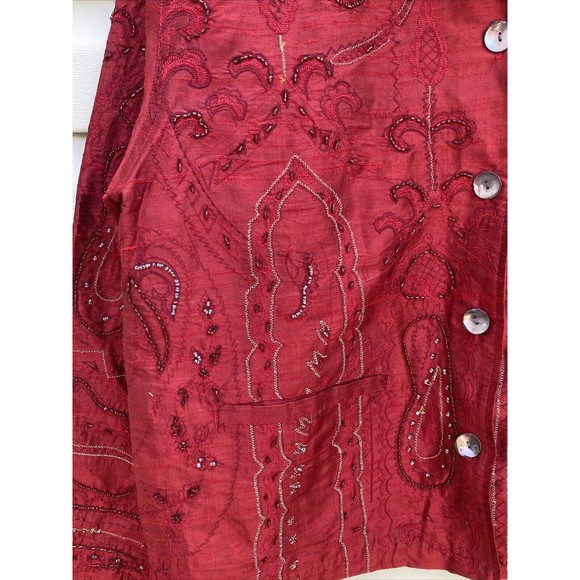 VNTG Chico's Design Medium/1 Red Pure Silk Jacket Abstract Beaded Embroidery NWT - Picture 3 of 11